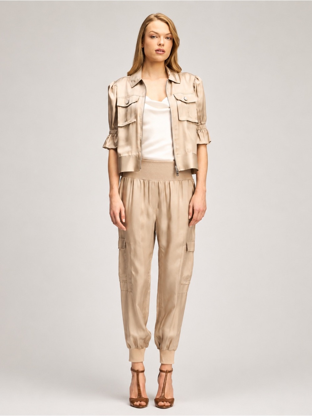 NWT Cinq à Sept Giles Khaki Cupro Cargo Jogger Pants Size XL - Picture 4 of 11